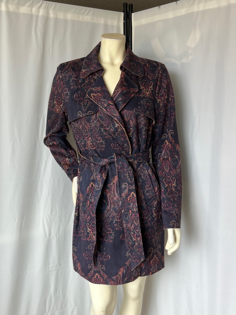 NWT Anthropologie Solitaire Paisley Print Faux Suede Trench Coat